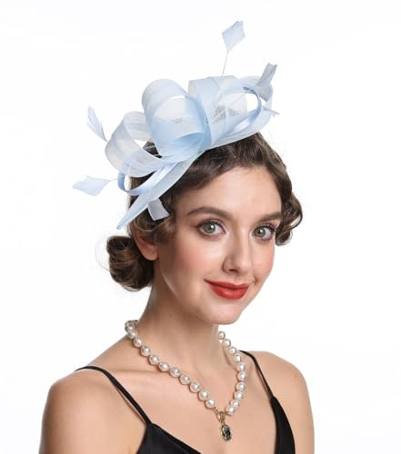 Sinamay Fascinator mit Blumenfedern, Kopfbedeckung, für Hochzeit, Party, Hochzeit, Cocktail, Teeparty, Derby-Hut für Damen, B4-Hellblau, M