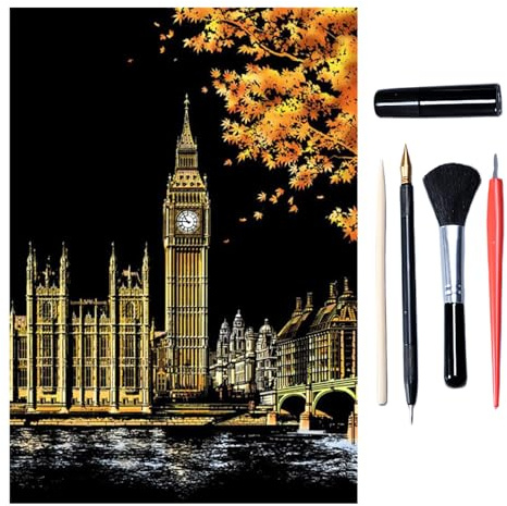 Scratch Art for Adults & Teens, Paint by Scratch 16 X 11.2 Inches, Scratch Off Paper Painting, Scratchart Kit Ornaments, Colorful Sketches Rainbow Scratch Art (Big Ben)