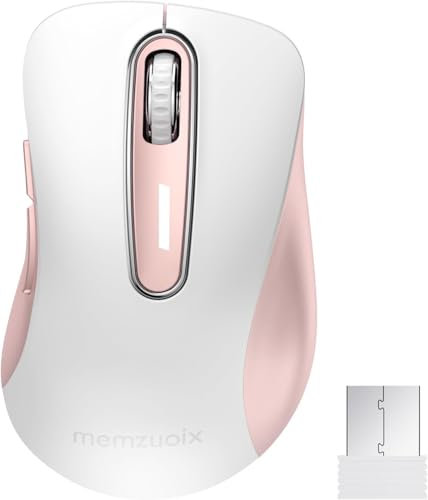 memzuoix Souris sans Fil 2.4GHz, Souris Optique Portable 1400 DPI avec Mini Récepteur USB, 5 Boutons et Fonctionnement sur Piles pour Ordinateur Portable, de Bureau, MacBook - Blanc Rose