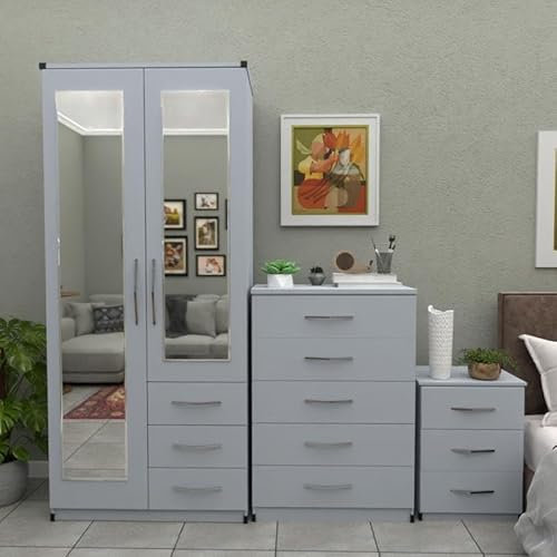 Ready 3-Piece Bedroom Furniture Set, 2-Door Mirrored Wardrobe with Drawers, 5-Drawer Chest, 3-Drawer Bedside Table (Silver)