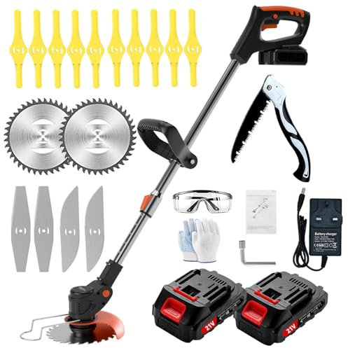 Cordless Strimmer, Garden Strimmer With Metal Blades, Strimmer Cordless With 2 Batteries And UK Charger, Grass Trimmer Length Adjustable, Suitable for Home Gardens, Lawns, Bushes