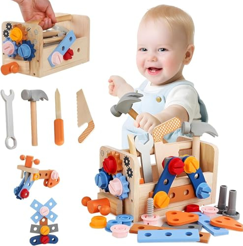 Caja de herramientas de madera para niños, caja de herramientas para niños, caja de herramientas Montessori, caja de herramientas, banco de trabajo infantil, regalos para 2, 3, 4 años, niños y niñas