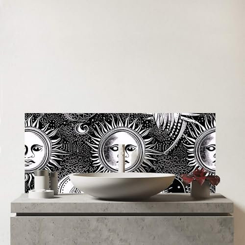 Warren Reed - Designer Premium Moon and Sun Black White Glass Bathroom Splashback 6mm Toughened Glass – Water-Resistant Wall Protector for Basins & Sinks, Polished Edges