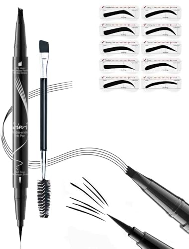 Crayon Sourcils 4 Pointes Fourche Résistant à l'Eau - Double Embout Ultra-Fin & Formule Anti-Tâches pour Sourcils Naturels (Gabarit & Brosse Professionnelle) (Noir)