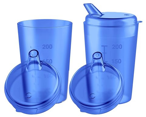 THERACASO Lot de 3 gobelets à bec de 250 ml, avec 3 couvercles (ouvertures de 4 x 4 mm et 12 x 10 mm), pour les personnes âgées, les enfants et les patients à motricité réduite, passe au