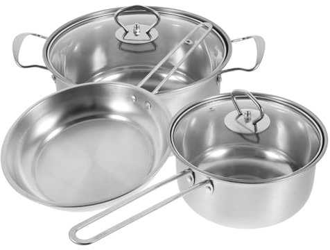Mikikit Juego De Utensilios De Cocina De Acero Inoxidable Set De 3 Piezas Cacerola Sartén Olla Para Sopa Mango Cómodo Fácil De Limpiar Adecuado Para Cocina Diaria