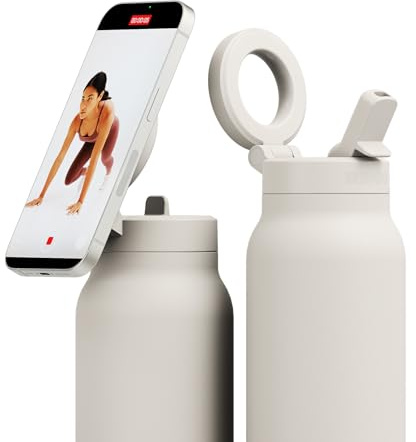 Ringo Pro Stainless Steel Water Bottle with Rotating Magnetic Holder for Smartphone (24 oz, Ivory)