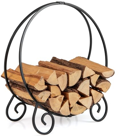 GYMAX Range-bûche Intérieur avec Jambes Surélevés, Porte-Bûches Rond | Support de Bois de Cheminée Métallique Esthétique avec Motif Florale, Capacité 270 kg, 59 x 27 x 64 cm, Montage Facile