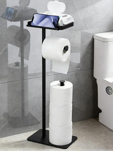 ZUNTO Freestanding Toilet Roll Holder with Shelf – No Drilling Toilet Paper Stand with Storage for 3 Spare Rolls, Wet Wipes & Phone, Anti-Slip Bathroom Paper Roll Holder, Matte Black Finish