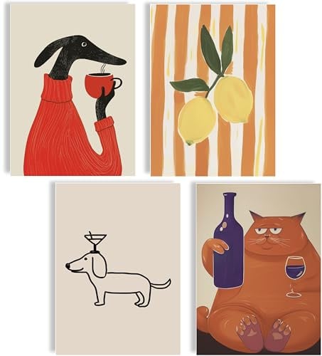 Kunst Poster Set 4er Set Wandbilder modern lustig Hund Katze Zitrone Wein A4 Kunstdrucke skandinavisch minimalistisch Wanddeko Küche Wohnzimmer Bar Café Deko