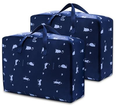 Acual 2pcs Aufbewahrungstasche Groß 105L, Robuste Wasserfeste Umzugstaschen | mit Reißverschluss Griff, Faltbare Transporttasche für Bettdecken Kissen & Kleidung Aufbewahrung Umzug Reisen, Navy