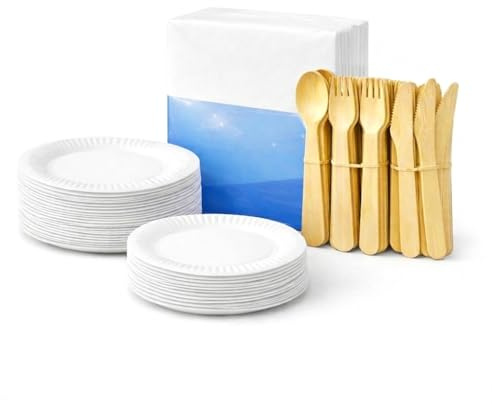 Disposable Partyware Set, 265 Pieces – 7 Inch Paper Plates (35 Pack), 9 Inch Paper Plates (30 Pack), 100 Napkins, 100 Wooden Cutlery (40 Forks, 40 Spoons, 20 Knives) for Parties, Picnics & Events