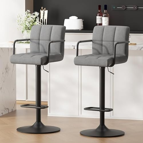 Ckaff Barhocker 2er Set, Barstuhl höhenverstellbar aus PU-Leder, 360°Drehstuhl Küchenstuhl mit Armlehnen, Rückenlehne und Fußstütze für Küche, Wohnzimmer, Esszimmer, Dunkelgrau