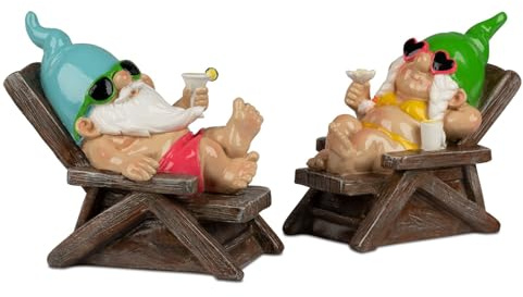 formano 2er Set Gartenzwerg Liegestuhl lustige Gartenzwerge 26cm aus Kunststein handbemalt Gartendeko Figuren mit glänzender Oberfläche für Garten Terrasse Balkon, humorvolle Outdoor Gartenfiguren