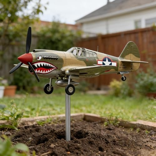 Shark Mouth Warplane Garden Wind Spinner - Metal Airplane Weather Vane For Outside, P40 Fighter 3d Wind Spinner For Yard And Garden Decorative, Weather-Resistant Weather Vanes Decor