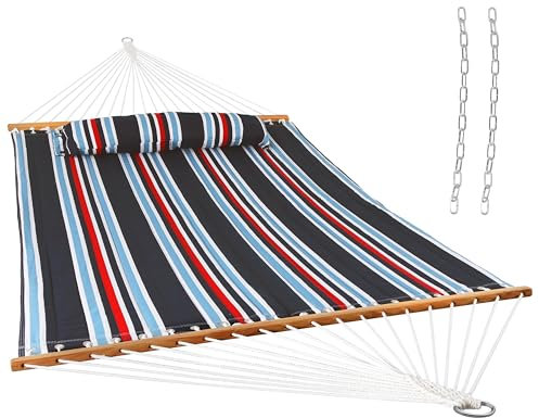 Sunnydaze 2 Person Quilted Fabric Hammock with Spreader Bars and Detachable Pillow Heavy Duty 450 Pound Capacity, Nautical Stripe