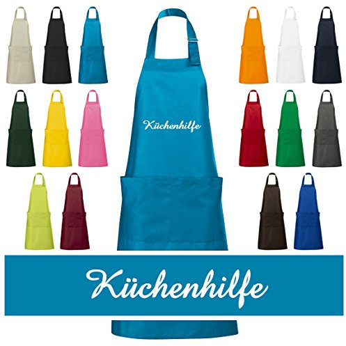 Schnoschi hochwertig bestickte Küchenschürze in Türkis, Schürze mit Küchenhilfe gestickt