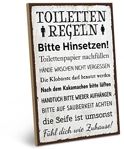 ARTFAVES® Wandbild Holzschild mit Spruch - TOILETTENREGELN - Türschild Retro Vintage Deko Bild Geschenk - Familie, Zuhause, Bad, Badezimmer, WC, Toilette