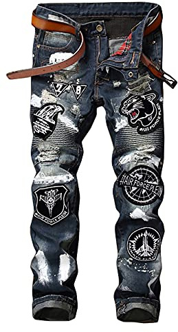 Enrica Men's Ripped Distressed Slim Fit Biker Jeans with Patches,Blue, 34