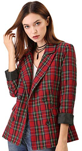 Allegra K Formal Blazer Jacket Blazer à Carreaux Femme (Lot de 1) | Revers cranté. Poches avant à rabat. Épaules rembourrées. Aération arrière. Motif écossais vintage. Coupe structurée.