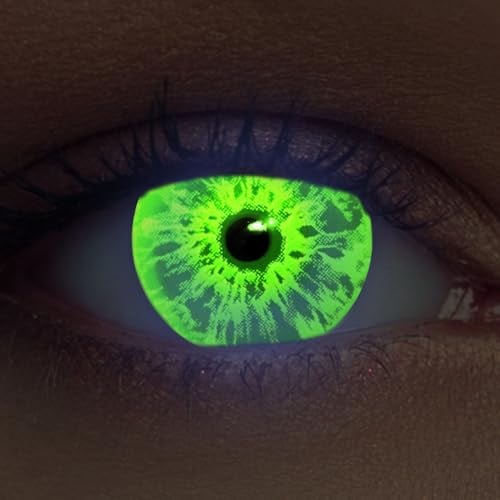 DESIGNLENSES, Leuchtende Halloween The Purge Kostüm Kontaktlinsen grün, 1 Paar (2 Stück),weiche UV Neon Farblinsen Sparkle