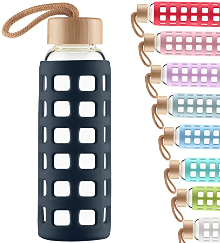 Cleesmil Sport Bouteille en Verre, Gourde Verre sans BPA avec Manchon en Silicone et Couvercle en Bambou 1000 ML (Bleu Marin)