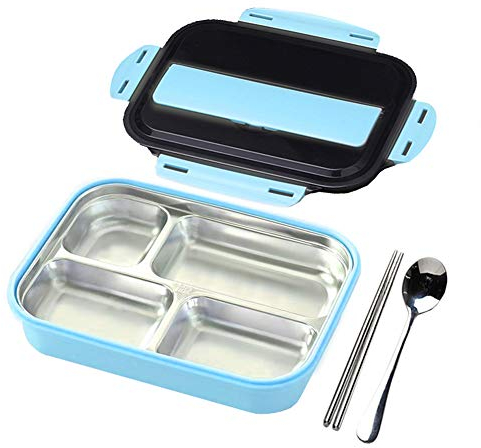 amropi Brotdose aus Edelstahl,Lunchbox mit 3/4 Fächern,mit Stäbchen und Löffel,Bento Box zum Wandern/Reisen/Schule/Büro (Blau, 4 Fach)