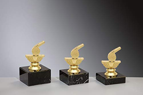 Henecka Schiedsrichter Pokal Schiri Trophäe Schraubfigur Trillerpfeife Gold, Marmorsockel schwarz, mit Wunschgravur, wählbar in 3 Größen oder als 3er-Serie