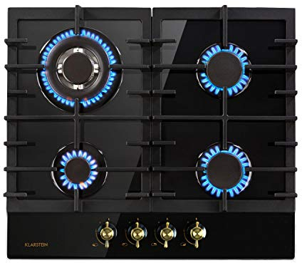 Klarstein Victoria – cocina de gas natural de 4 fogones, 4 llamas, autárquico, 60 cm, encastrable, quemador Sabaf, propano, válvulas de seguridad, autoapagado, portaollas de hierro fundido, negro