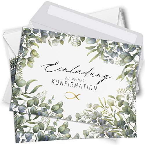 10 Einladungskarten Konfirmation mit Umschlägen Motiv Fisch Eukalyptus grün weiss Einladung Karten zur Feier Jungen Mädchen rosa blau