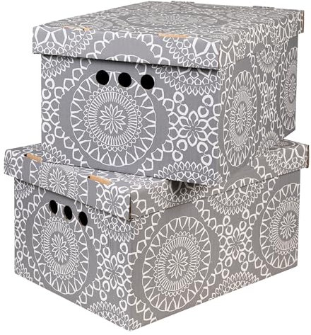 SOFTILLO Cardboard Storage Boxes with Lid Decorative Wardrobe, Closet, Home & Office Organiser with Handle Flat-Packed, Stackable File Box Gift for Adults & Kids Set of 2 Large Marocco