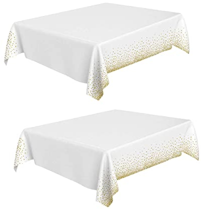PUERHUACI Tischdecke, rechteckig, weiß, 2 Stück, Einweg-Tischdecken, wasserdicht, mit weißen und goldenen Punkten, Kunststoff-Tischdecke, Geburtstag, weiße Tischdecke für Hochzeit