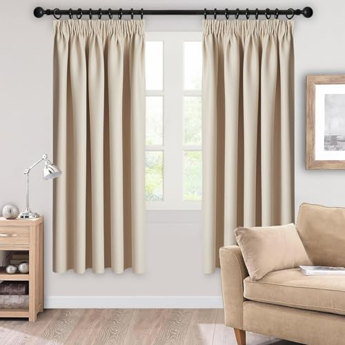 Topfinel Verdunklungsvorhang mit kräuselband Gardinen Beige Blickdicht Verdunklungsgardine Thermovorhang Vorhänge Kurz Schals Vorhang 140x145 cm 2er Set Dekoschal Küchengardinen für Haustür Fenster