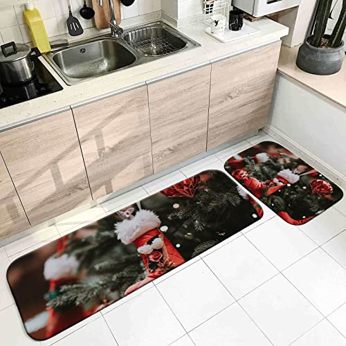 Banemi Teppich Flauschig, Teppich Küche Modern Rot Grün Weihnachtsbaum Socken 40X60cm+40X120cm Heimtextilien