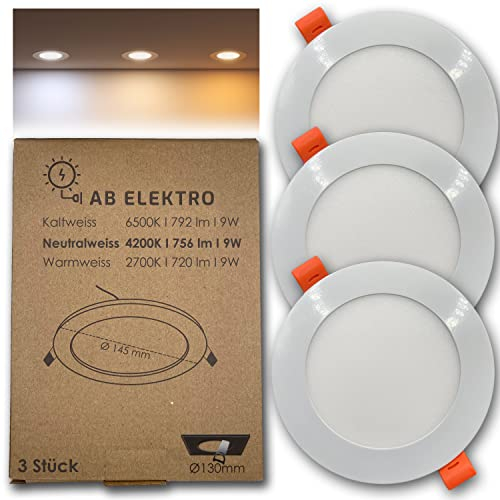 AB Elektro LED Einbaustrahler flach rund 3er Set I 9W LED Spot 12V Neutralweiß I LED Panel Deckenleuchte I LED Einbauleuchte Set mit Trafo