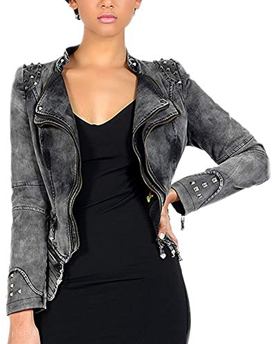 DISSA Damen Grau Nieten Jeansjacker Bikerjacke mit Reißverschluss,PA01,4XL