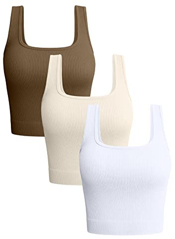 OQQ Damen 3-teiliges Tank-Top Gerippt Nahtlos Workout-Shirts Yoga Bauchfreies Top Kaffee Beige Weiß