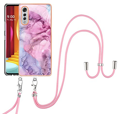 YKTO Marmor Hülle für LG Velvet 4G/5G Lanyard Case TPU Ultra Dünn Soft Rugged Silikon Bumper Handyhülle Cover Stoßfeste Kratzfeste Rundumschutz Schutzhülle Handyhülle für LG Velvet 4G/5G,Dunkelrosa