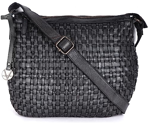 Damen Leder Sling Bag | Crossbody | Handtasche | Geldbörse mit verstellbaren und abnehmbaren Trägern mit Staubbeutel, GRAU, 33.5 x 25x 2