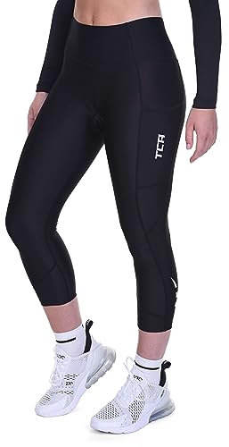Damen 3/4 Gepolsterte Radleggings mit hoher Taille, atmungsaktive Fahrradshorts mit Taschen, rutschfest und schnelltrocknend - Schwarz, L
