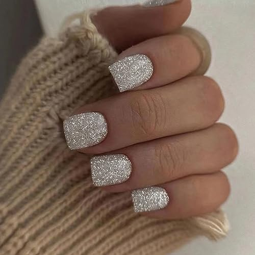 JUSTOTRY 24 Stück Glitzer Nägel Zum Aufkleben Kurz Motiv,Silber Eckig Press on Nails,Glossy French Künstliche Nägel,Glitter Square Fingernägel Fake Nails für Frauen