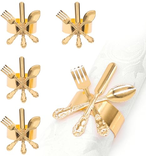 Gold Metal Knife, Fork and Spoon Napkin Rings Set of 4 Ring Wedding Serviette Buckle Holders Holiday Daily Family Gathering Everyday Use Hotel Dining Table Centerpieces Decor