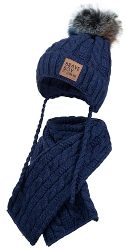 AJS Strickmütze Wintermütze Schal Junge Winterset Bommel Bindemütze