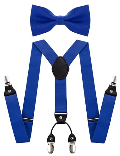 JEMYGINS Herren Hosenträger mit Vier Clips und Elastischem Rückenband inklusive Fliege Set,Blau