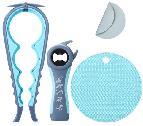Jar Bottle Opener for Weak Hands,4 &5 in 1 Multi Function Non-Slip Can Lid Opener Tools with Silicone Jar Gripper Pad,Suitable for Seniors,Children and Arthritic Hands (02-Light Blue)
