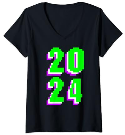 Femme Pixelated Pixel Art Vintage Nostalgie du Nouvel An 2024 T-Shirt avec Col en V
