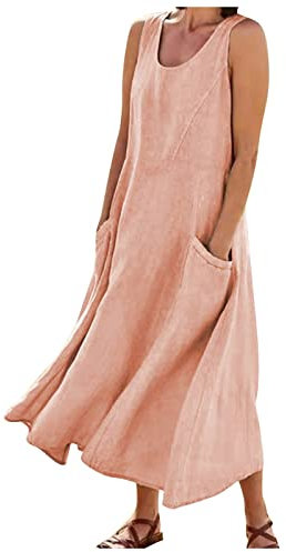 Robe Longue Femme Boheme Ete sans Manche avec Poche Robe de Femme Grande Taille Vintage Lin 2024 Chic et Elegant Grande Taille Casual Marque Robe Chic Couleur Uni Fluide Grande Taille #2 Rose 3XL