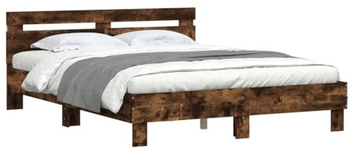 vidaXL Cadre de Lit avec Tête de Lit et LED, Lit Double avec Sommier à Lattes, Lit Adulte de Chambre, Chêne Fumé 140x190 cm Bois d'Ingénierie