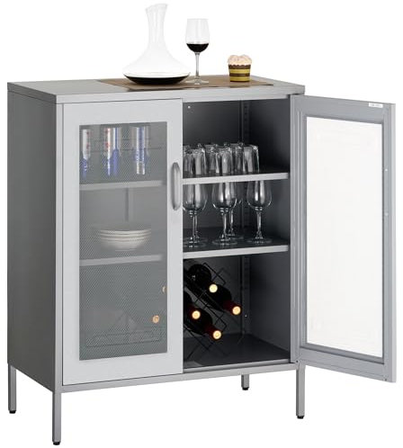 HOMSTEEL Metal Storage Cabinet, Buffet Sideboard Cabinet with Mesh Doors, Liquor Cabinet with Adjustable Shelves for Kitchen, Living Room, Home Office, Silvery white