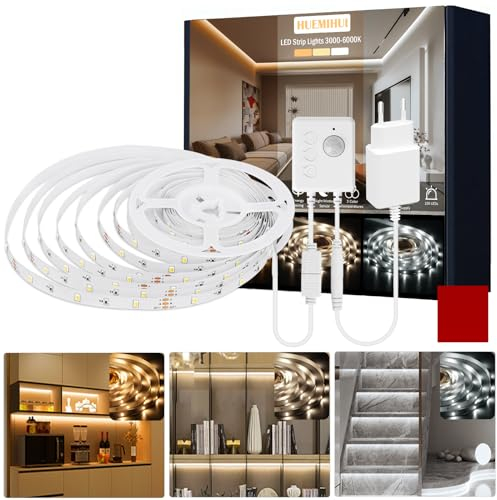 LED Lichtleiste 5M, Flexible LED Streifen mit PIR Bewegungssensor 3000K-6000K Kaltweiß Warmweiß Strip Lights, Selbstklebend 12V Bewegungsmelder Nachtlicht für Küche, Treppen, Schlafzimmer, Party